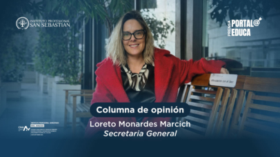 Informational header image: 'Columna de opinión' by Loreto Monardes Marchich, Secretaria General, at a professional Nicolás backdrop with logos in corners.