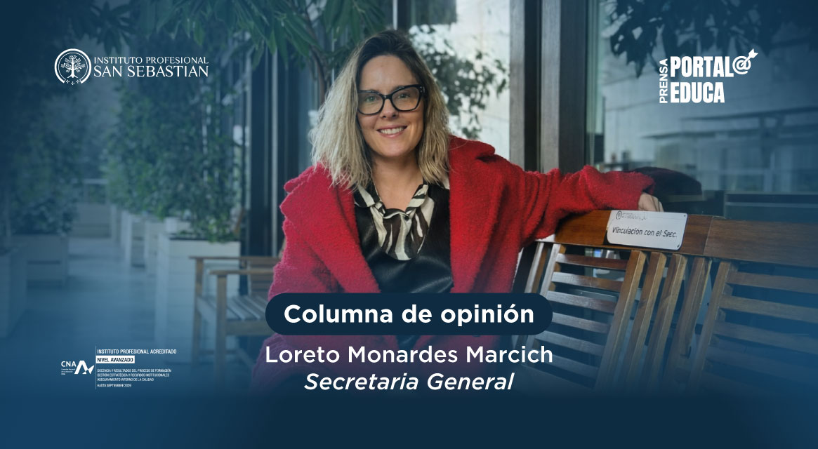 Informational header image: 'Columna de opinión' by Loreto Monardes Marchich, Secretaria General, at a professional Nicolás backdrop with logos in corners.