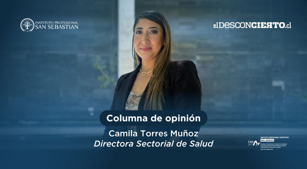 Banner image of Camila Torres Muñoz, Directora Sectorial de Salud, posing for a column cover with the logos of Instituto Profesional San Sebastián (left) and elDesconcierto.cl (right).