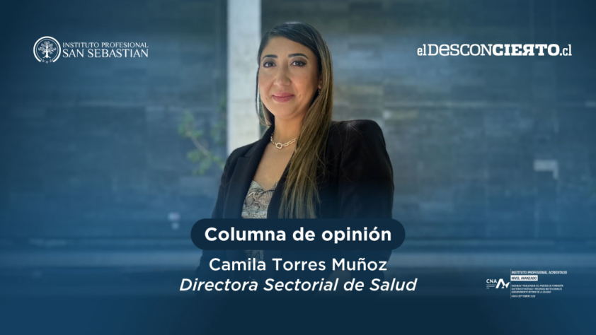 Banner image of Camila Torres Muñoz, Directora Sectorial de Salud, posing for a column cover with the logos of Instituto Profesional San Sebastián (left) and elDesconcierto.cl (right).