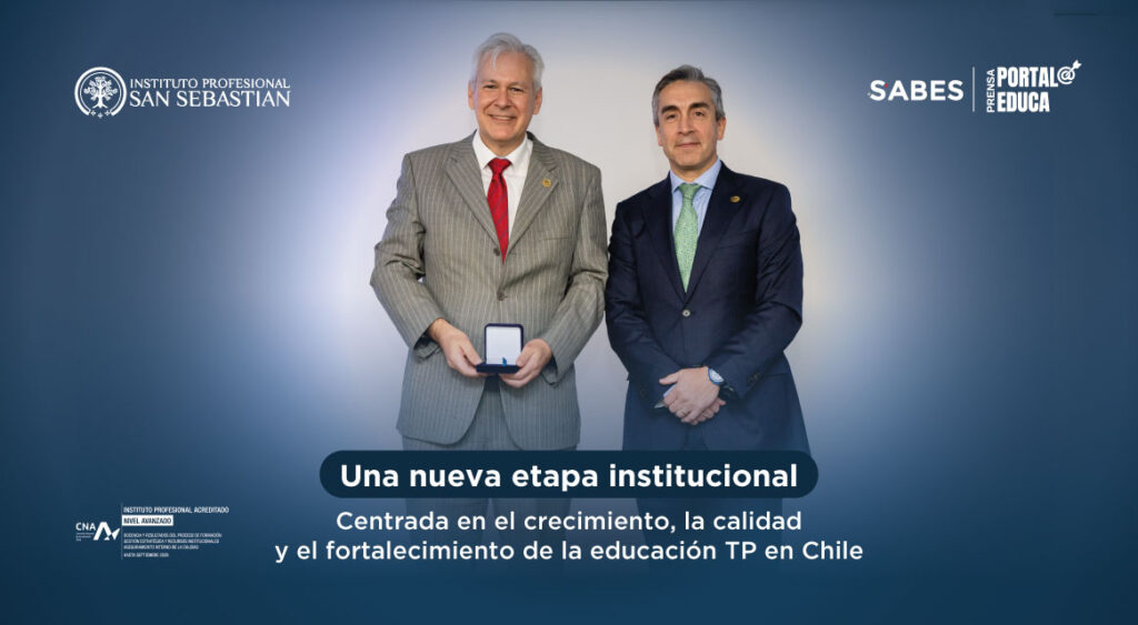 Two businessmen in suits stand side by side for a banner featuring Instituto Profesional San Sebastián logos and the title 'Una nueva etapa institucional' in Spanish.
