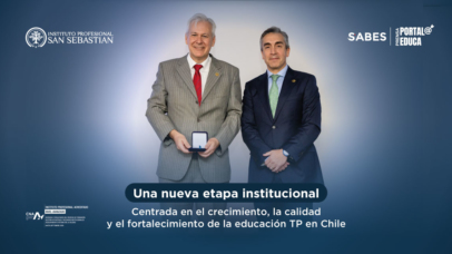 Two businessmen in suits stand side by side for a banner featuring Instituto Profesional San Sebastián logos and the title 'Una nueva etapa institucional' in Spanish.