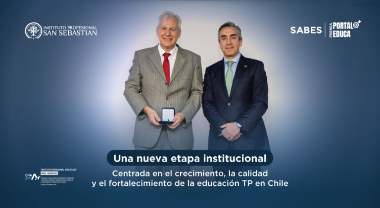 Two businessmen in suits stand side by side for a banner featuring Instituto Profesional San Sebastián logos and the title 'Una nueva etapa institucional' in Spanish.