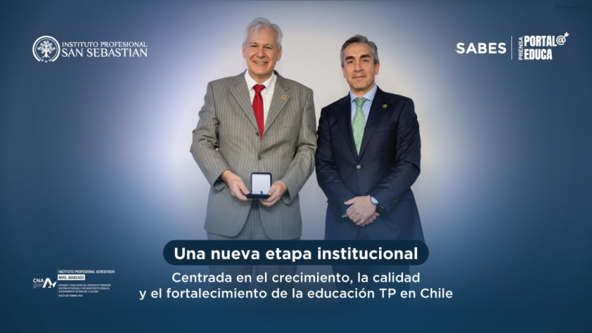 Two businessmen in suits stand side by side for a banner featuring Instituto Profesional San Sebastián logos and the title 'Una nueva etapa institucional' in Spanish.