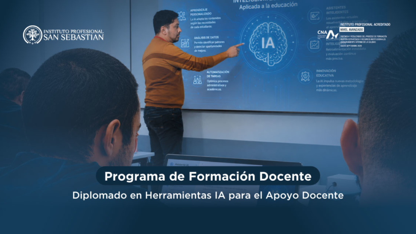 Profesor explica herramientas de IA para docentes frente a una clase, con el logotipo del Instituto Profesional San Sebastián a la izquierda.