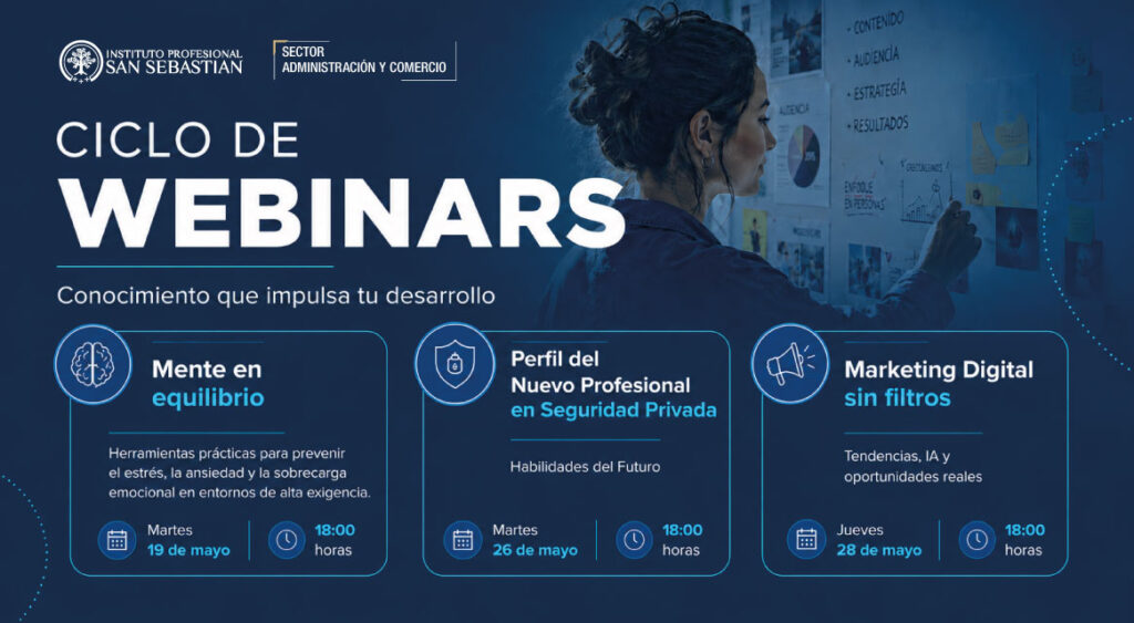 Cabecera promocional de ciclo de webinars con tres tarjetas de temas y horarios (18:00): Mente en equilibrio; Perfil del Nuevo Profesional en Seguridad Privada; Marketing Digital sin filtros.