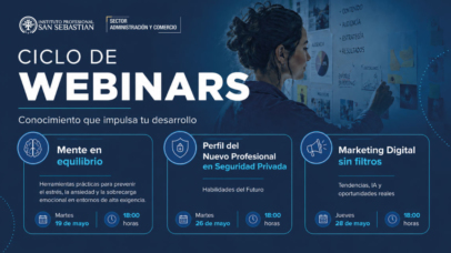 Cabecera promocional de ciclo de webinars con tres tarjetas de temas y horarios (18:00): Mente en equilibrio; Perfil del Nuevo Profesional en Seguridad Privada; Marketing Digital sin filtros.