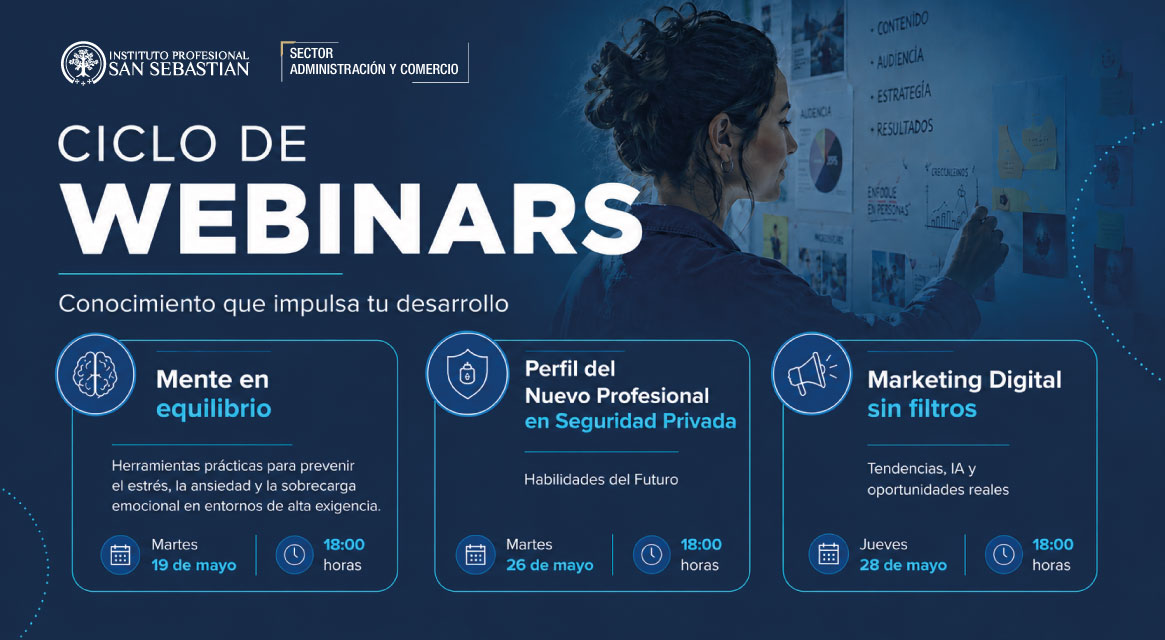 Cabecera promocional de ciclo de webinars con tres tarjetas de temas y horarios (18:00): Mente en equilibrio; Perfil del Nuevo Profesional en Seguridad Privada; Marketing Digital sin filtros.