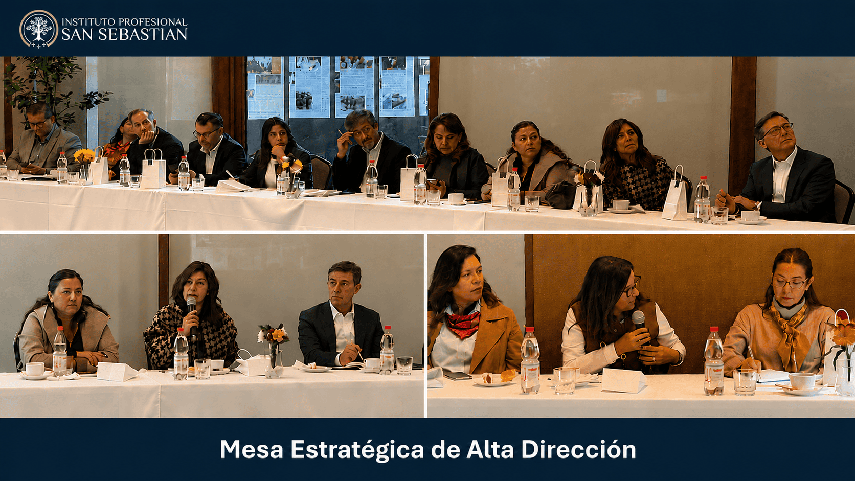 Panel de alta dirección sentados delante de micrófonos y botellas de agua en una mesa larga, con cartel y logotipo de Instituto Profesional San Sebastián al fondo.