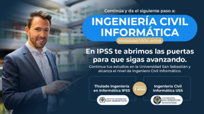 Hombre de negocios sonriente a la izquierda, banner promocional de Ingeniería Civil Informática 100% online.