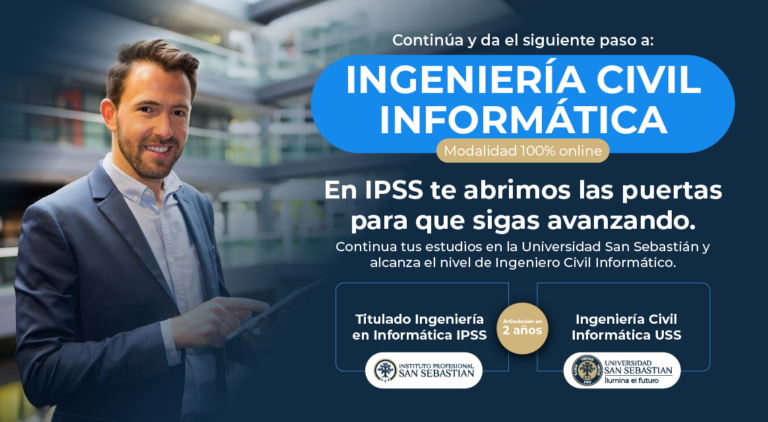 Hombre de negocios sonriente a la izquierda, banner promocional de Ingeniería Civil Informática 100% online.