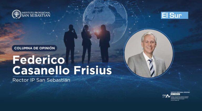 Opinion column banner featuring Federico Casanello Frisius, Rector IP San Sebastián, with globe and silhouetted figures in a blue background.