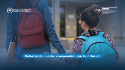 Two students with backpacks walk toward a campus entrance; logos for Instituto Profesional San Sebastián and CNA are visible at the top, with a blue caption about inclusion.