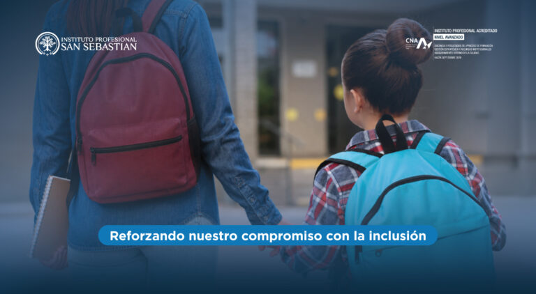 Two students with backpacks walk toward a campus entrance; logos for Instituto Profesional San Sebastián and CNA are visible at the top, with a blue caption about inclusion.