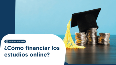 Article banner: graduation cap on coin stacks with a blue background and the title '¿Cómo financiar los estudios online?'
