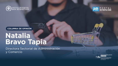 Columna de opinión: Natalia Bravo Tapia, Directora Sectorial de Administración y Comercio, en banner con un carrito de compras en el fondo y logos institucionales.
