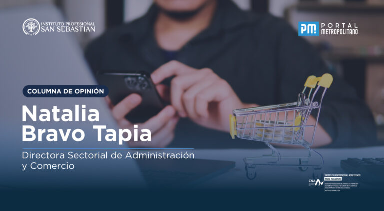 Columna de opinión: Natalia Bravo Tapia, Directora Sectorial de Administración y Comercio, en banner con un carrito de compras en el fondo y logos institucionales.