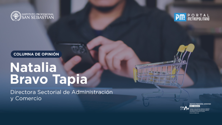 Columna de opinión: Natalia Bravo Tapia, Directora Sectorial de Administración y Comercio, en banner con un carrito de compras en el fondo y logos institucionales.