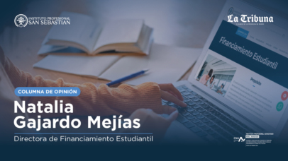 Banner: Natalia Gajardo Mejías, Directora de Financiamiento Estudiantil, con una laptop mostrando 'Financiamiento Estudiantil'; logos de Instituto Profesional San Sebastián y La Tribuna en esquinas.