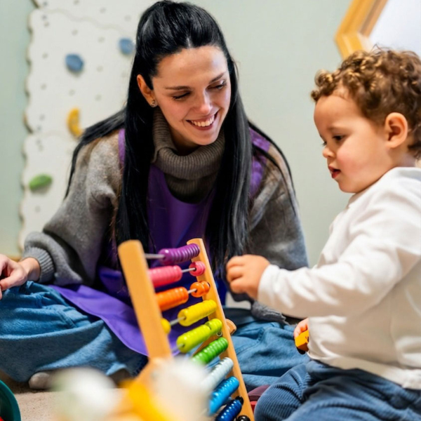 acomp-estudiantil Smiling woman helps a toddler play with a colorful wooden abacus.